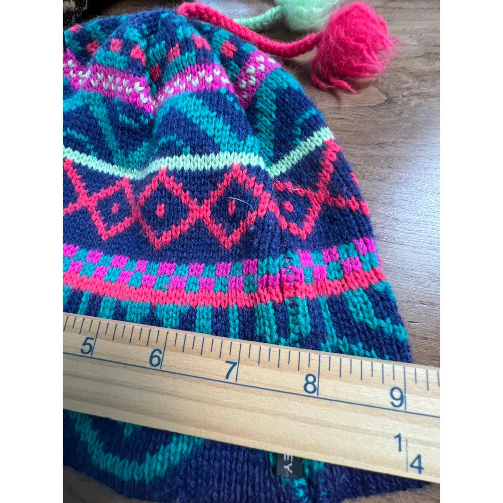 y2K 90s wool ski hat vtg neon geometric Smiley tassle colorful snowboard ski